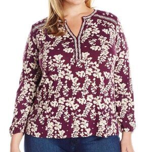 LUCKY BRAND Plus Size Split Neck Embroidered Peasant Top Plum Purple Floral Boho